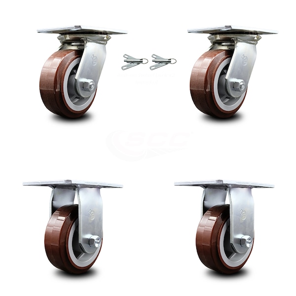 5 Inch Polyurethane Caster Set with Ball Bearing 2 Swivel Lock and 2 Rigid SCC